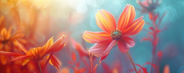 Obraz premium red and yellow flowers. beautiful, modern, gradient, pink and blue background with flowers for websites.