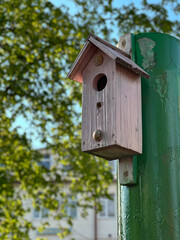 A wooden birdhouse on a pole in the park in summer. An outdoor bird house . 