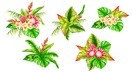 Set of bouquets of tropical leaves and flowers. Watercolor composition. Realistic botanical illustration. Design for invitations, posters, cards, greeting cards, stationery, fabric printing, etc.