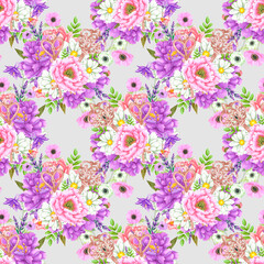 Hand drawn watercolor peony and anemone flowers bouquet seamless pattern isolated on grey background. Can be used for textile, scrapbook and other printed products.