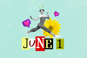 Composite photo collage of happy girl run summer holiday rest first june summertime season flowers...