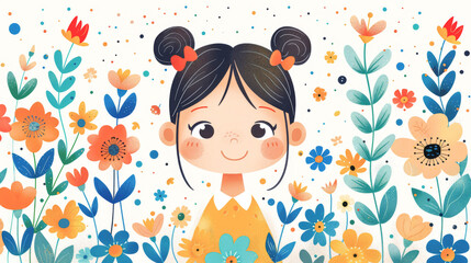 Drawn cute illustration with a girl and flowers on a white background.