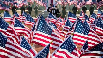 Rows of American flags waving in the breeze during a patriotic festival or national holiday Memorial day.