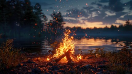 Glowing campfire with sparks by a calm lake during a colorful sunset