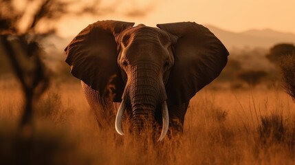 African elephant and the setting sun with the iconic savannas in the background
