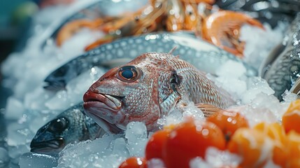 Fresh fish on ice at a seafood market stall