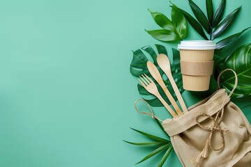 Eco-friendly reusable items on green background