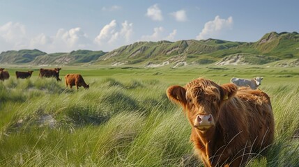 Highland cattle grazing on lush green hills