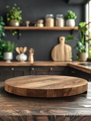 Empty round wood tabletop counter on interior in clean and bright kitchen background