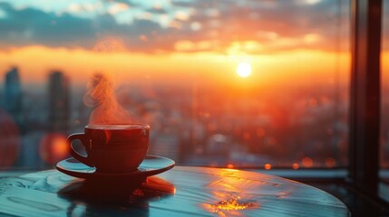 Steaming coffee cup against sunrise. Freshly brewed coffee is placed on a table in a cafe on a high floor.