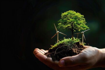 Human hand cradling a young plant sprout with a miniature wind turbine. Green technology and Eco power