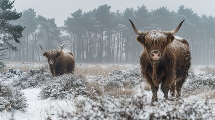 Highland cow in a snowy field looking at camera