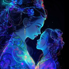 neon gradient light blue, turquoise and purple art of rainbow full body little princess and her mom on black background