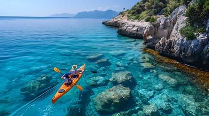 Solo Kayaker Exploring a Clear Blue Sea Near Rocky Cliffs on a Sunny Day. Perfect for Adventure and Travel Themes. Tranquil and Invigorating Waterscape. AI