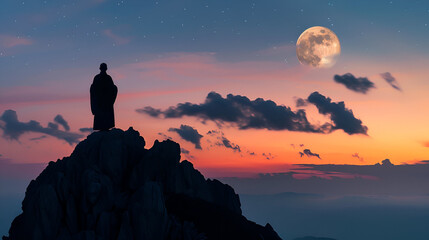 Silhouette of a Monk Standing on a Mountaintop Looking at the Sky During Dusk with Negative Space