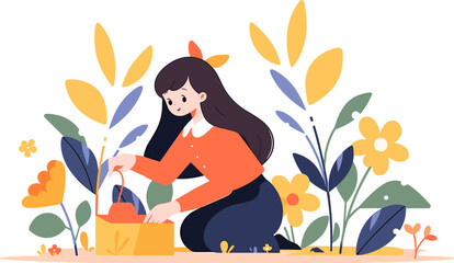 Woman with flowers in garden, flowering. Flat vector illustration.