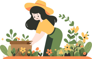 Gardener woman with flower in pot, work, gardening, farmers, eco concept. Flat vector illustration.