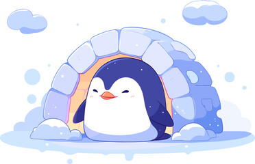 Cute penguin in igloo house. Winter season, holidays. Flat vector illustration isolated