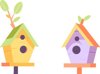 Bird houses vector illustration isolated. Homemade nests, feeders and homes, for summer and spring birds.
