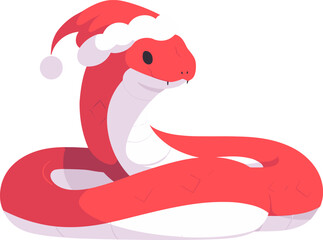 Red snake wearing christmas hat. New year, mascot. Winter holidays. Flat vector illustration isolated.