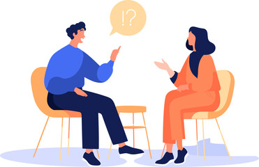 Man and woman having conversation with speech bubble, candidate, job interview, meeting. Flat vector illustration isolated.
