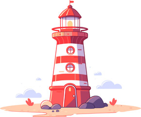 Red and white colored lighthouse on beach. Flat vector illustration isolated.