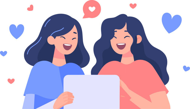 Two girls together chatting in tablet, conversation, teamwork, online. Flat vector isolated.