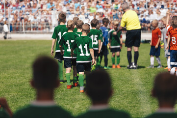 Children's football players walk onto the pitch with the referee. Kids play tournament matches. Schoolboys play the game on grass stadium. Spectators in the blurred background sitting on stadium seats
