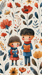Boy and girl with books on a floral background.