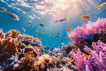 Beautiful coral reef and tropical fish with sunlight. Underwater world.