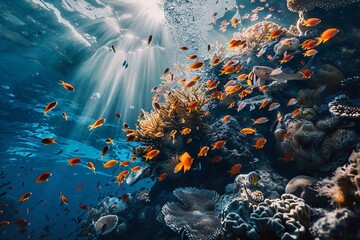 Coral reef and fish. Underwater view of coral reef with tropical fish and sunbeams