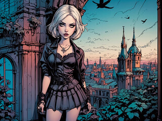 Comic Style Illustration Capturing The Allure of a Woman in a Short Black Dress Against a Gothic Backdrop, AI Generative