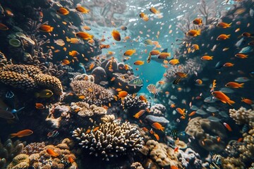 Underwater view of coral reef with tropical fishes and corals.