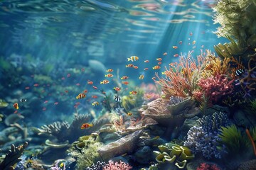 Underwater world with corals and tropical fish. Underwater world. Coral reef and fishes
