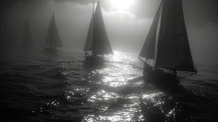A group of sailboats are sailing in the ocean on a cloudy day