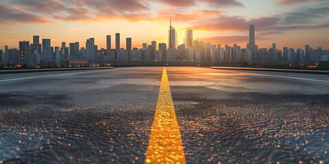 Empty asphalt road and modern city skyline with building scenery at sunset beautiful high angle...