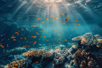 Underwater view of coral reef with fish and rays of light.
