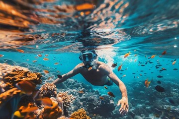Underwater view of man snorkeling in coral reef. Man snorkeling in the tropical sea, underwater photo.