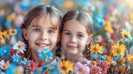 Two little girls in a flower field, portrait of happy children.