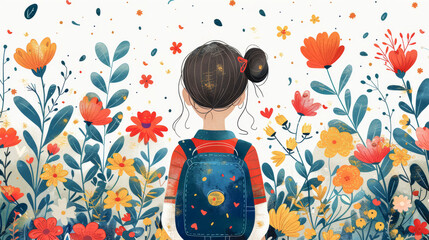 Girl with a backpack and flowers drawn on a white background.