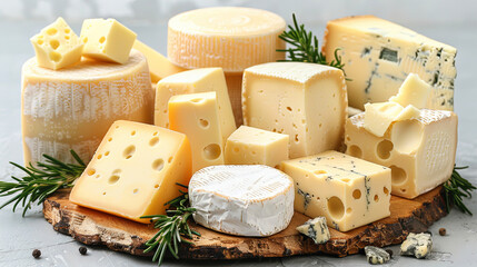 A wooden board with a variety of cheeses on it, including blue cheese