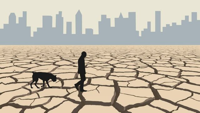 Apocalyptic landscape with man and two dogs walking on the cracking dry earth (seamless loop)