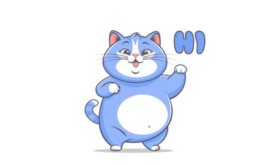 Vector funny cartoon standing blue chubby fat cat with raised paw. Hi. Hello. Greetings. Beautiful, respectable, kind pet. White isolated background.