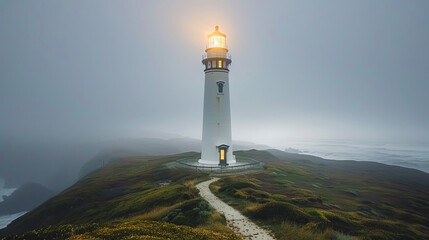 A lighthouse is on a hill overlooking the ocean - Powered by Adobe