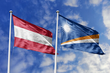 3d illustration. Austria and Marshall Islands Flag waving in sky. High detailed waving flag. 3D...