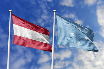 3d illustration. Austria and Micronesia Flag waving in sky. High detailed waving flag. 3D render. Waving in sky. Flags fluttered in the cloudy sky.