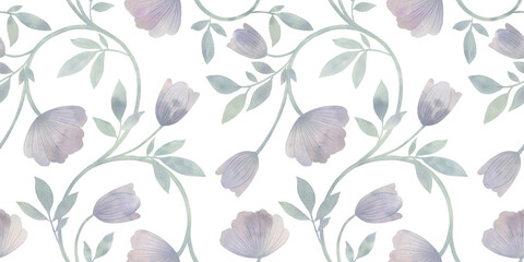 Abstract watercolor floral pattern on a gentle white background, seamless ornament for bright packaging design, textile, wallpaper, postcard