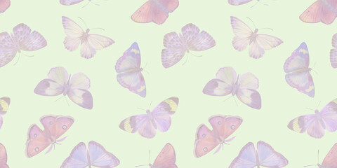 Abstract vintage print with colored butterflies, on a light background. Watercolor seamless background. Hand drawn illustration. Mixed media art