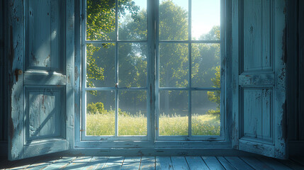 A window with a view of a field and trees