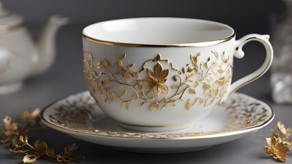 A luxurious cup of tea, adorned with delicate gold filigree and filled with the finest loose leaf blend, steaming gently in a porcelain cup.